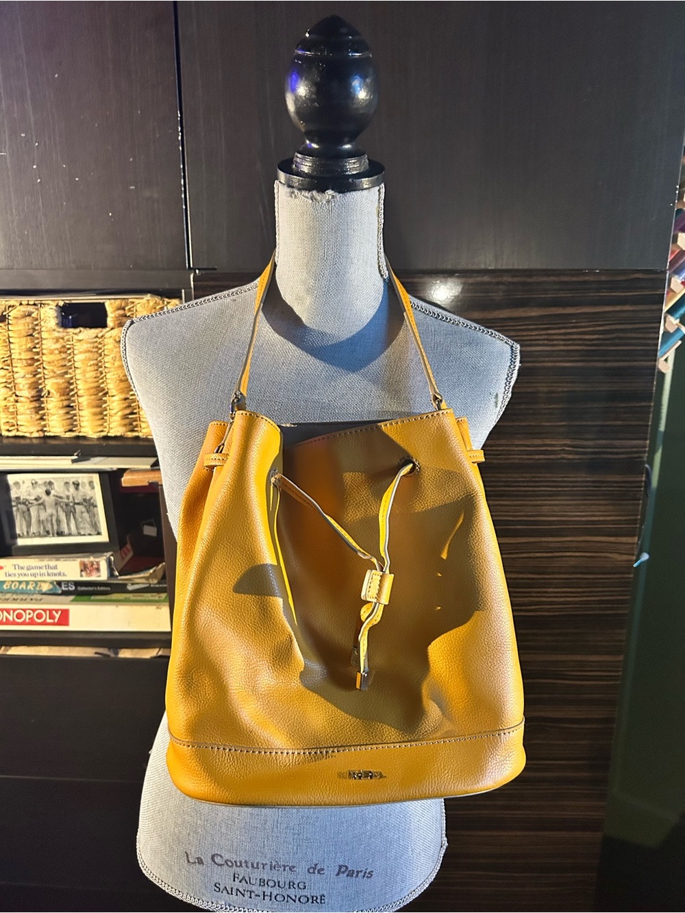 Ralph Lauren Mustard Yellow Pebbled Leather Drawstring Bucket Bag